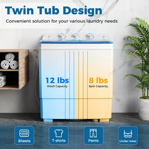 Miniatura 3 de COSTWAY - Lavadora portátil, capacidad de 20 libras, lavadora compacta de dos tinas (12 libras) y secadora giratoria (8 libras), diseño duradero