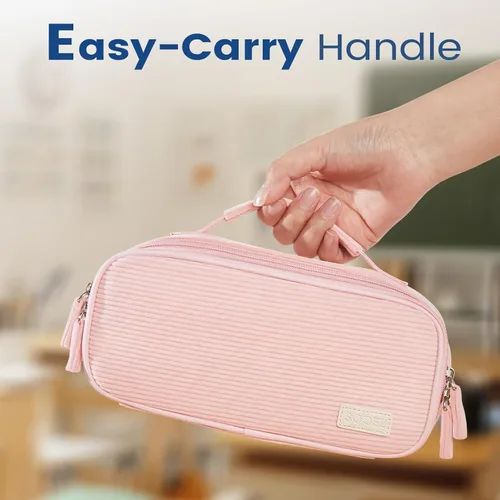 Miniatura 6 de Sooez Estuche grande para lápices, estuche de pana suave con asa, bonito estuche para bolígrafos, 5 compartimentos, organizador de amplia apertura