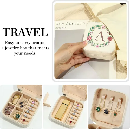 Miniatura 6 de Parima Joyero de viaje Joyero de viaje con inicial blanca Joyero pequeño para mujeres y niñas Caja organizadora de joyas esencial de viaje