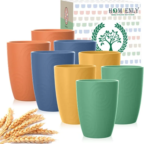 Miniatura 25 de Homienly Tazas de paja de trigo 8 piezas, tazas de plástico irrompibles, taza de beber reutilizable, apta para lavavajillas, vasos de agua con Beige