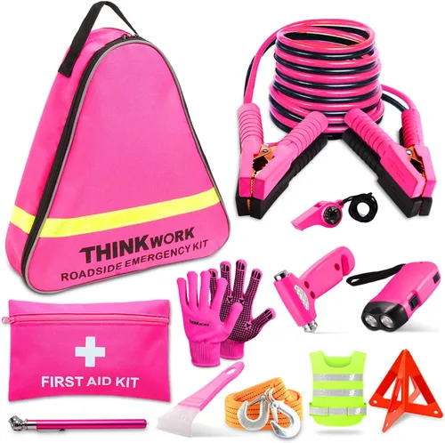 THINKWORK - Kit de emergencia de automóvil, kit de asistencia de emergencia en carretera con cables de arranque de 10 pies, kit de primeros Rosado