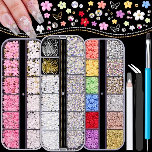 Miniatura 17 de Dijes para uñas 3D, kit de manicura con gel de pegamento de diamantes de imitación para uñas (curado UV), mariposa blanca rosa flor gemas AB 03-2