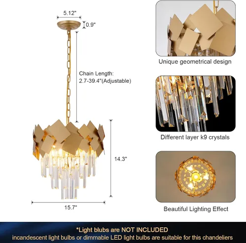 Miniatura 6 de A AXILIXI Candelabros de cristal dorado de 16 pulgadas, lámpara colgante de techo moderna para comedor, regulable, pequeño, 3 niveles, montaje