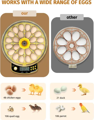 Miniatura 6 de JUJOJB Incubadora de 48 huevos para incubar huevos, doble capa con girador automático de huevos, control de temperatura y humedad, vela de huevos
