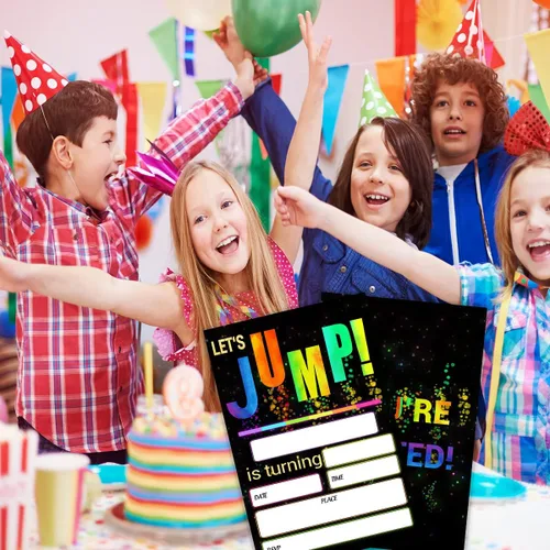 Miniatura 6 de Let's Jump Invitaciones para fiesta de cumpleaños, tarjetas de invitación de fiesta de trampolín brillante de 4 x 6 pulgadas (20 tarjetas + sobres)
