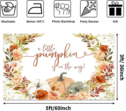 Miniatura 2 de Avezano Fondo con texto en inglés "A Little Pumpkin is On The Way" con tema de calabaza, decoración de fiesta de baby shower, sesión de fotos, fondo