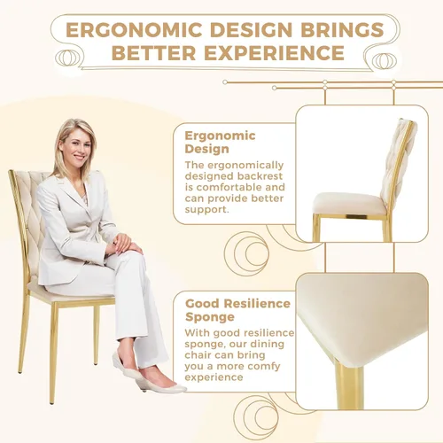 Miniatura 5 de Juego de 2 sillas de comedor de terciopelo, modernas sillas de cocina tejidas con patas de metal dorado, cojín tapizado con respaldo alto