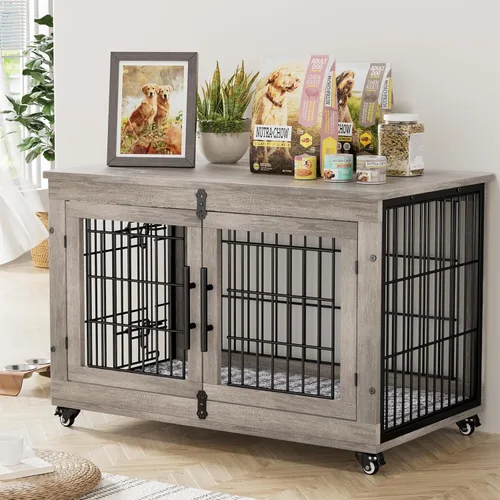Lulive Muebles de Jaula Grande para Perros, Mesa Auxiliar de Jaula para Perros de Madera de 38'', Perrera para Perros de Doble Puerta Interior con