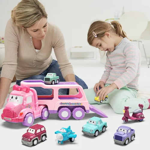 Miniatura 7 de Vehículo de juguete de dibujos animados para niña pequeña, camión transportador rosa 9 en 1 para bebés, automóvil de transporte de energía