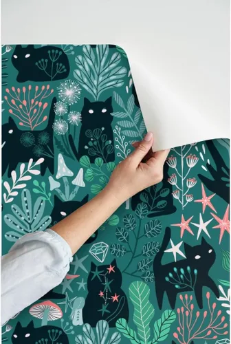 Miniatura 3 de Spoonflower Papel tapiz para despegar y pegar, diseño de gatos del bosque verde, hada, elfos, gatito, verano, primavera, gatito, bebé, niño, papel