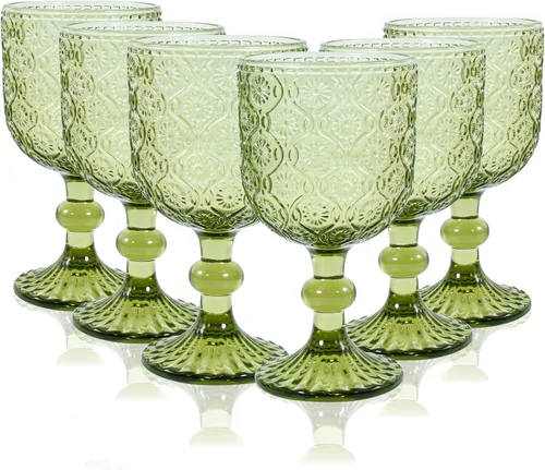 CHLJAR Juego de 6 Copas de Vino Verdes Vintage, Cristalería de Copas, Copas de Vino Verde de 14 oz, Copa de Cristal de Color Vintage para Bodas,