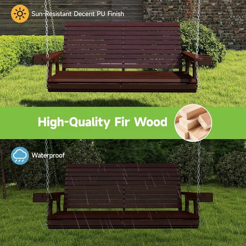 Miniatura 6 de Real Relax - Columpio de madera para el porche delantero, silla colgante de patio al aire libre de 2 plazas con portavasos, banco de asiento