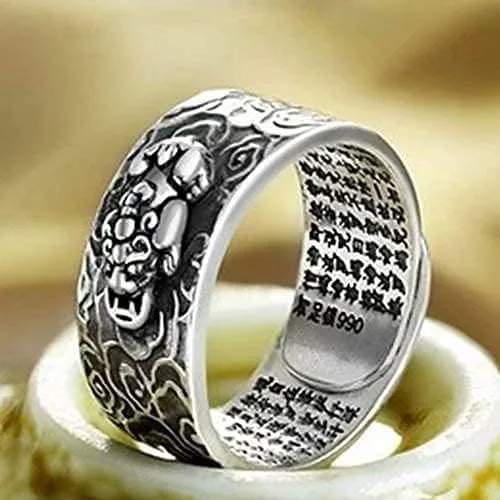 Miniatura 3 de JAJAFOOK Anillo de plata 990 FENG Shui antiguo Xiangyun PIXIU MANI Amuleto Anillo Lucky Wealth Budista Mantra Joyería, ajustable, Metal, Zirconia