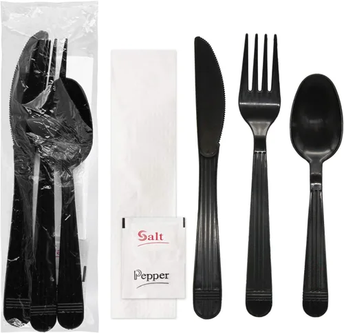 Miniatura 7 de Party Essentials Juegos de utensilios de plástico negro envueltos individualmente/paquetes de cubiertos resistentes, cuchara de sopa, 100
