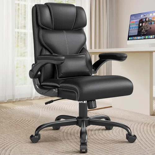 Miniatura 9 de Silla de oficina ejecutiva con reposabrazos abatibles, sillas ergonómicas de escritorio para computadora, silla de oficina de cuero con respaldo Gris
