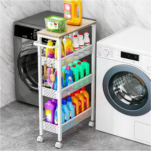 Miniatura 11 de Vivihomety Carrito de Almacenamiento Delgado Utilitario con Ruedas, Carrito Rodante Pequeño de 4 Niveles con Parte Superior de Madera, Carro