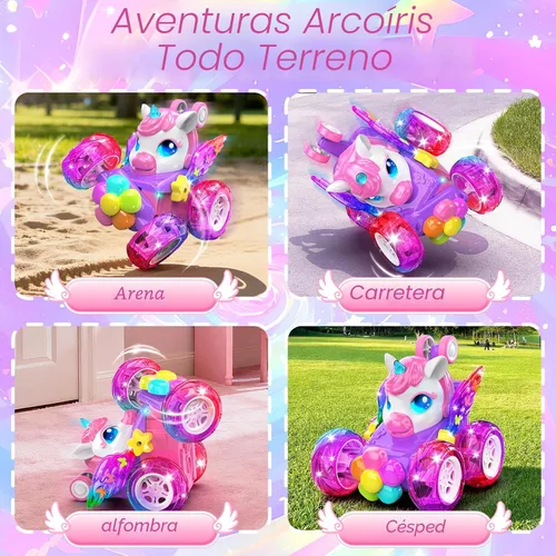 Miniatura 4 de Coches RC de unicornio para niñas, juguetes con alas de cristal brillantes y luces de ojos, rotación de 360°, auto de acrobacias de unicornio rosa