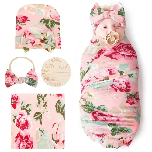 Miniatura 14 de DRESHOW BQUBO Manta de Recepción para Recién Nacido con Conjunto de Gorro con Lazo Estampado de Flores Manta Envolvente para Bebé con Gorro 1 juego