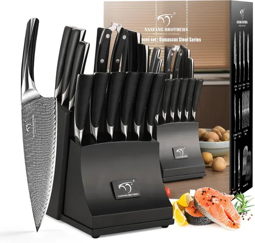 NANFANG BROTHERS Juego de cuchillos de cocina Damasco, 15 piezas con bloque, mango ergonómico ABS, tenedor para tallar, bloque de cuchillos de tipo