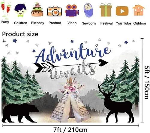 Miniatura 4 de Fondo de aventura que espera, oso, ciervo, bosque, campamento, tema de aventura, fondo de fotos, tienda de campaña, telón de fondo para fiesta