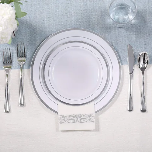 Miniatura 5 de FOCUSLINE Juego de vajilla plateada de 175 unidades para 25 invitados, platos de plástico desechables con borde plateado resistente, incluye 25
