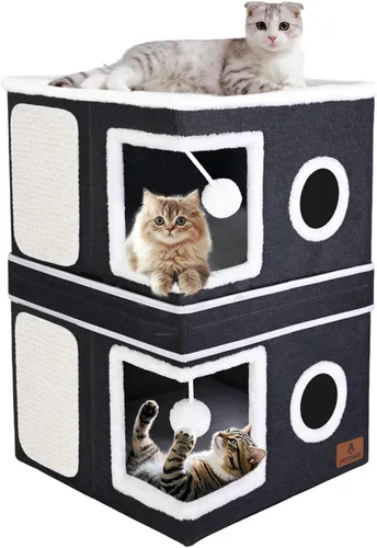 2-Story Cat House for Indoor Cats, Dual-Purpose Cat Cave Bed with Scratch Pad and Fluffy Ball, Foldable Cat Hideaway, Cute Cat Condo Furniture for