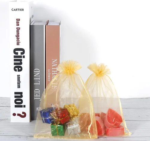 Miniatura 5 de HRX Package 100 bolsas de organza doradas, 5 x 7 pulgadas, malla con cordón, bolsas de regalo, bolsas de joyería para dulces de Navidad, recuerdos