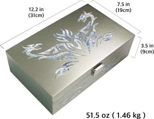 Miniatura 4 de MADDesign Mother of Pearl Caja de reloj, organizador de joyas, almacenamiento diario, diseño tribal de dragón (plata metálica)
