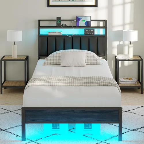 Marco de cama tamaño twin con estación de carga y luces LED, marco de cama de metal con cabecero, cabecera tapizada negra con estantes de
