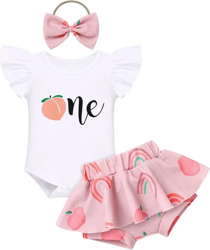 Miniatura 14 de IMEKIS Traje de 1er cumpleaños para bebé niña con estampado de girasol y durazno + pantalones cortos con volantes + diadema para sesión de fotos