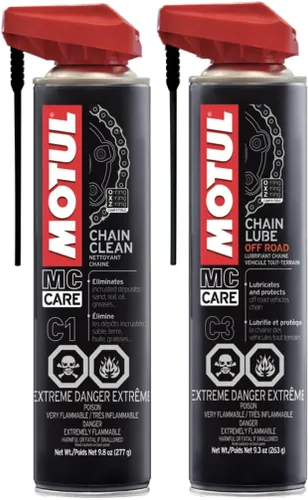 Motul Juego de cuidado de cadena: limpiador de cadena (C1) y lubricante de cadena todoterreno (C3), juego de mantenimiento de motocicleta, seguro