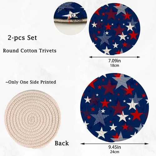 Miniatura 4 de Naanle Juego de 2 salvamanteles tejidos para ollas, 4 de julio, bandera de Estados Unidos, estrellas florales azules, manteles individuales redondos