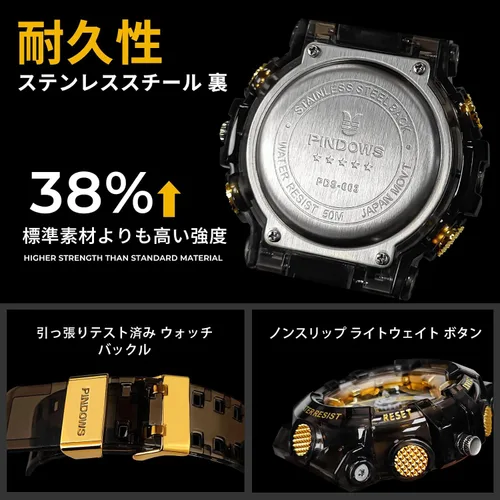 Miniatura 7 de PINDOWS Reloj para Hombre, Reloj Analógico Digital Resistente al Agua 50M, Reloj Electrónico para Deportes al Aire Libre, Fecha, Multifunción, LED