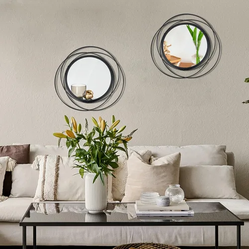 Miniatura 6 de Juego de 2 espejos circulares negros de 33.7 cm, marco de hierro, decoración de pared del hogar, espejos redondos colgantes para sala de estar