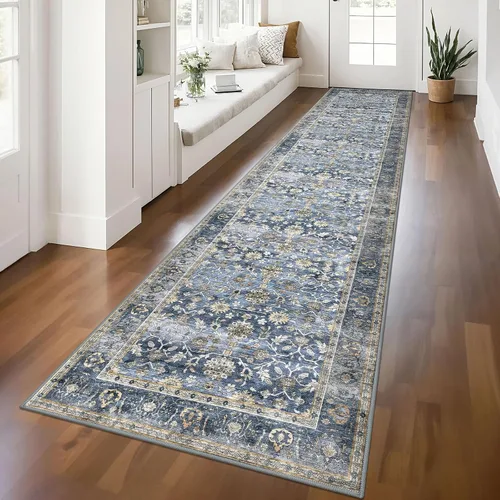 Miniatura 44 de KUTA Alfombras vintage de 2 x 3 pies para entrada, antideslizantes, lavables, tapete para puerta de interior con estampado floral, azul, gris, Azul