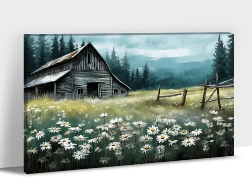 Miniatura 8 de Arte de pared con estampado de granero blanco de granja, granero y vaca, arte de pared con imágenes de granero blanco, cuadros rústicos de campo