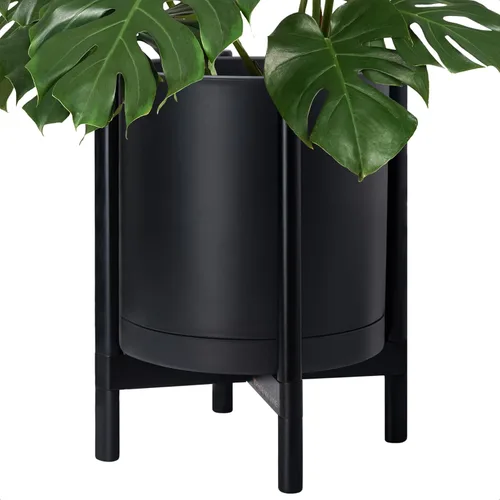 Miniatura 7 de Maceta de D'vine Dev con soporte - Maceta de flores de cilindro de plástico de 8.0 pulgadas con soporte de madera para interiores, maceta mate negra