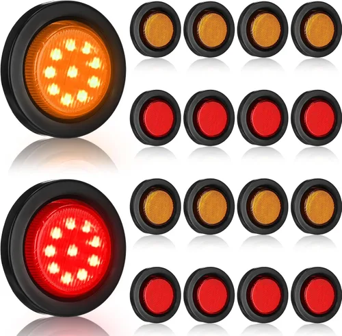Treela 16 luces LED marcadoras de 2 pulgadas, 10 luces LED redondas para remolque, impermeables, selladas con ojales de goma de montaje empotrado, 2
