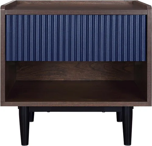 Manhattan Comfort Duane Mesita de noche acanalada con cajón de extensión completa y estante abierto, patas de acero, mesita de noche, mesa de acento
