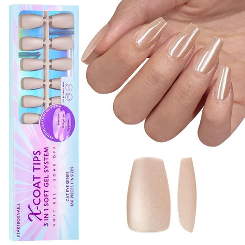 Miniatura 28 de BTArtboxnails XCOATTIPS uñas postizas con punta francesa - Uñas postizas largas cuadradas con base de purpurina rosa, 90 piezas de puntas de uñas
