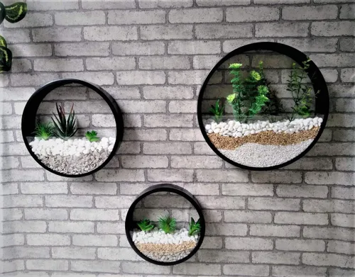 Miniatura 3 de Juego de 3 macetas redondas para colgar en pared, terrario para suculentas, contenedor con soporte de montaje independiente de metal, decorativo