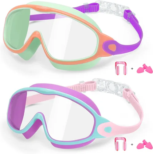 Miniatura 8 de EverSport Paquete de 2 gafas de natación para niños, gafas de natación antivaho para niñas y niños de 3 a 15 años Espejo morado y rosa