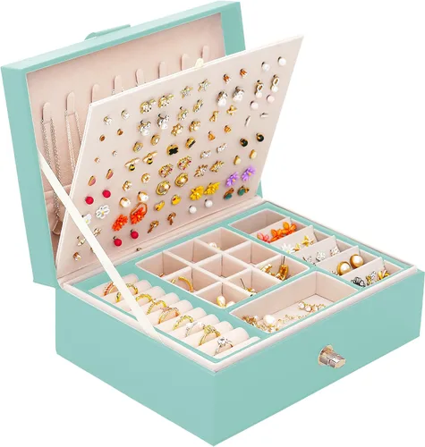 Miniatura 145 de Joyero de pendientes para mujeres y niñas, organizador de aretes de 5 capas, caja organizadora de joyas blanca con candado, collares y aretes