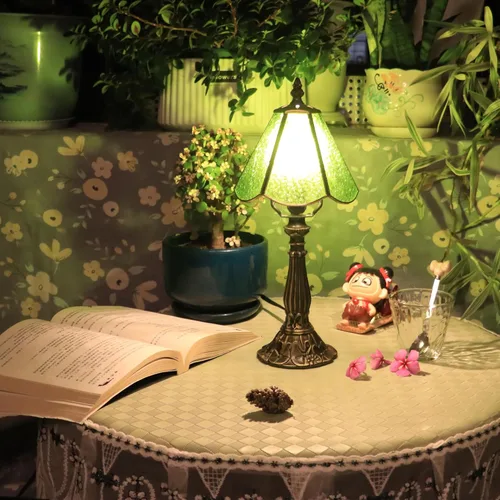 Miniatura 6 de Small Tiffany Table Lamp Grass Green Rippled Stained Glass Desk Lamps 6X6X14 Inch Bronze Resin Base Antique Mini Accent Light