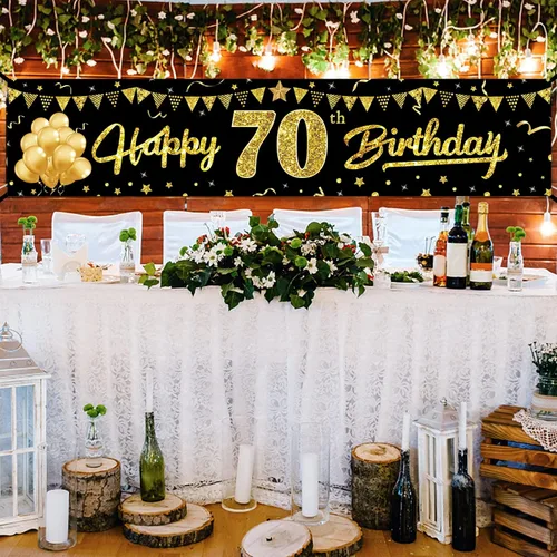 Miniatura 4 de Cartel de feliz cumpleaños 70 para mujeres y hombres, suministros de fiesta de cumpleaños de 70 años de color negro y dorado, divertido tema de 70
