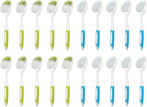 Cepillo para platos, limpiador de platos y cepillo de cocina para platos, ollas, sartenes, fregadero, hierro fundido, amarillo y azul, paquete de 20