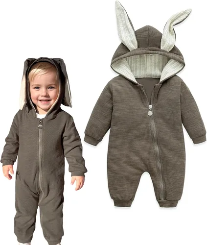 Miniatura 21 de Simplee Kids Enterizo con diseño de conejo de Pascua con capucha, para bebé, overol con cremallera y orejas largas