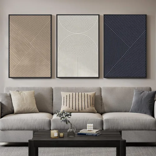 Miniatura 9 de Arte de pared abstracto neutro con marco grande para sala de estar, 3 piezas, impresiones modernas en lienzo para paredes, cuadros negros y beige