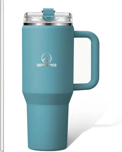Miniatura 21 de Gpeng 30/40/50 oz Vaso con asa, botellas de agua con tapa de popote, taza de viaje de acero inoxidable aislada compatible con portavasos, mantiene