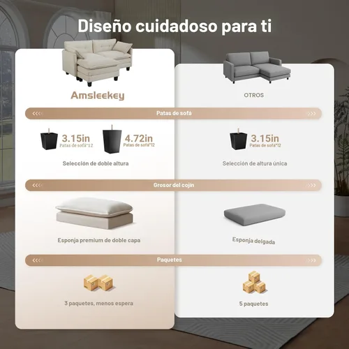 Miniatura 3 de Amsleekey Sofá Seccional Modular, 111.5" en Forma de U de Pana Cómodo Sofás Seccionales para Sala de Estar, Sofás Nube de 3 Plazas con 2 Otomanas